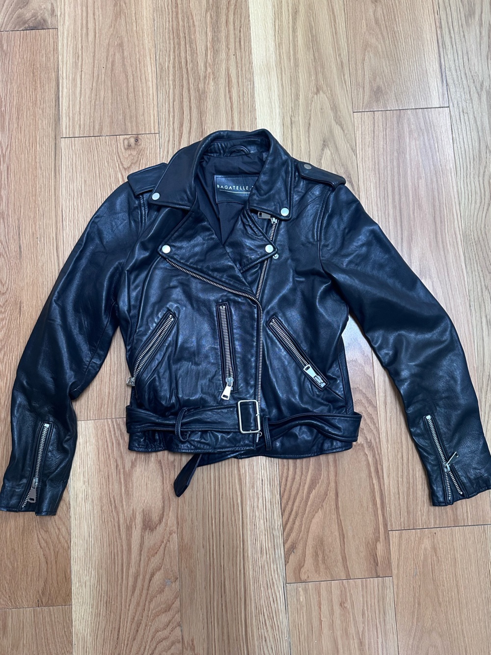 Black Leather Moto Jacket with Zip Details - Bagatelle NYC